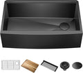 KRAUS Kore Workstation 33-inch Farmhouse Apron Front 16 Gauge Black Stainless Steel Single Bowl Kitchen Sink in PVD Gunmetal Finish with Accessories, KWF210-33/PGM