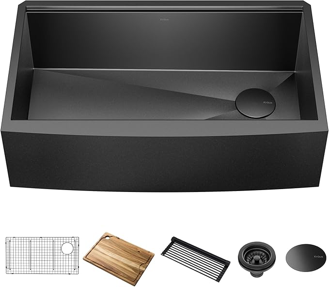KRAUS Kore Workstation 33-inch Farmhouse Modern Flat Apron Front 16 Gauge Black Stainless Steel Single Bowl Kitchen Sink in PVD Gunmetal Finish with Accessories, KWF410-33/PGM