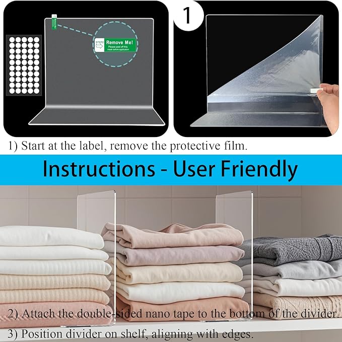 Acrylic Shelf Dividers for Closet Organization: 10" Tall x 12" Deep Closet Shelf Divider for Clothes Sweater Purse - Clear Closet Organizers and Storage Separators for Shelves, 5Pack
