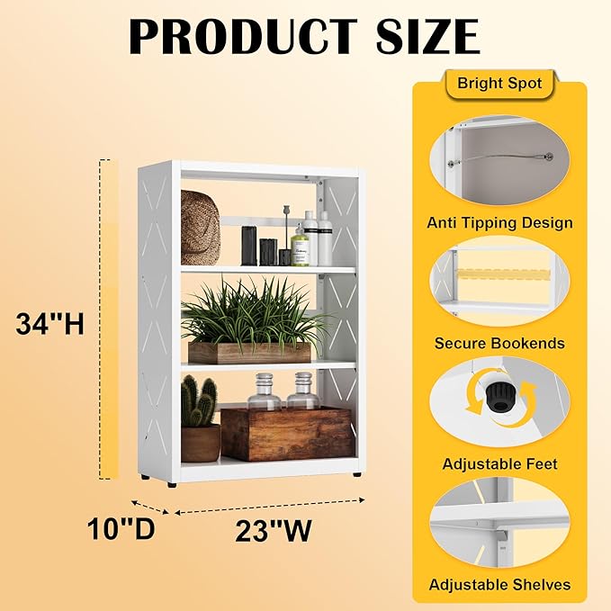 3 Tier Bookcase,Industrial Bookshelf,34" White Metal Small Bookshelf with Adjustable Feet and Adjustable Shelves,Home Office Bookcase Shelf Storage Organizer for Living Room Kitchen