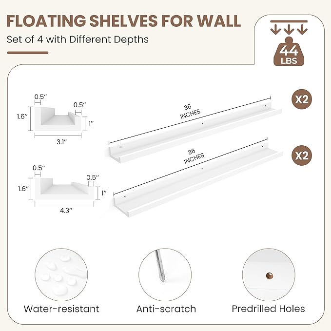 Fun Memories Picture Ledge Shelf, White Floating Shelves Set of 4, 36 Inch Picture Shelves for Wall with Ledge, Large Nursery Book Shelf for Toys Storage, Living Room, Bedroom Decor Frames