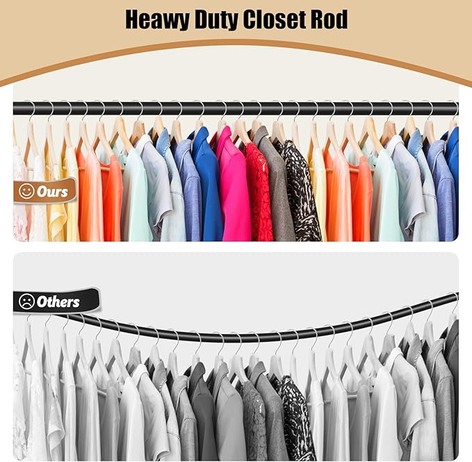 Closet Rod, 16 to 63 Inch Closet Rods Heavy Duty Adjustable Wardrobe Poles for Hanging Clothes and Heavy Duty Bracket Closet Pole Support (The Shelf NOT Included)(Black)