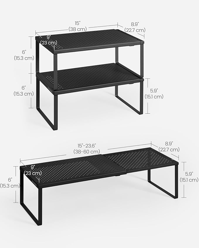 SONGMICS Set of 2 Expandable Pantry Kitchen Organizers, Adjustable Spice Rack, Stackable Cabinet Organizers, Metal, Space-Saving Tabletop Shelves, Matte Black UKCS402B01