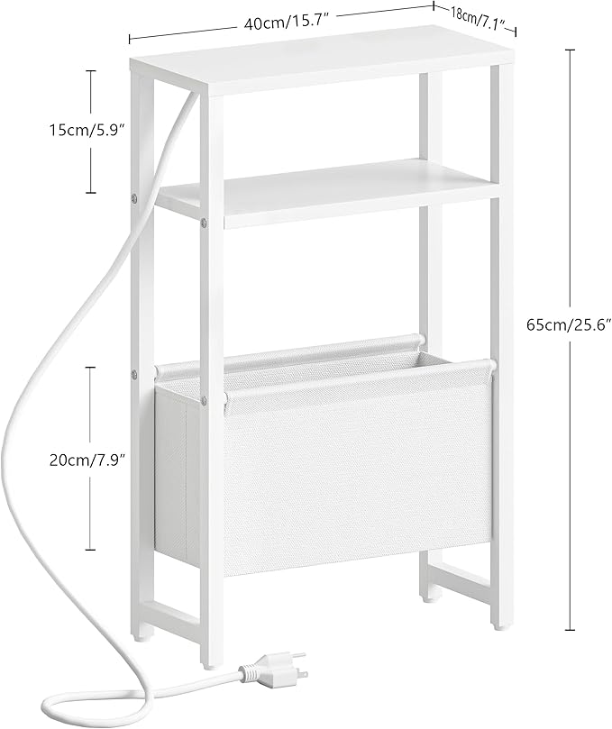 Narrow Side Table with Charging Station Slim End Table Sofa with Magazine Rack, Bedside Table for Small Spaces, 3 Tier Nightstand for Living Room Couch, Bedroom White LET503WE