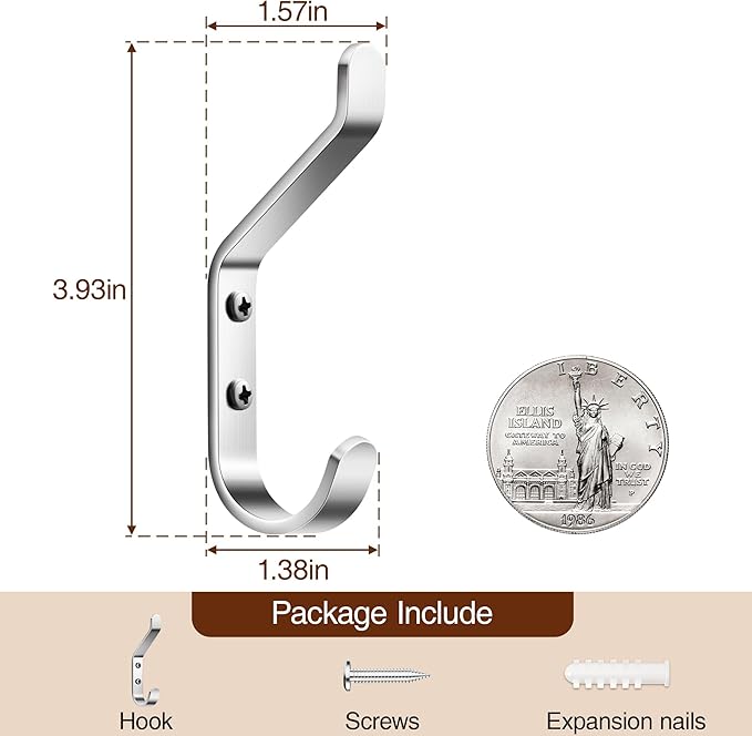 10-Pack Coat Hook for Hanging, 20LB (Max), Stainless Wall Hooks for Towel, Hat, Backpack, Key, Clothes, Wall Mounted Coat Hanger for Closet, Metal, Silver 3.75“