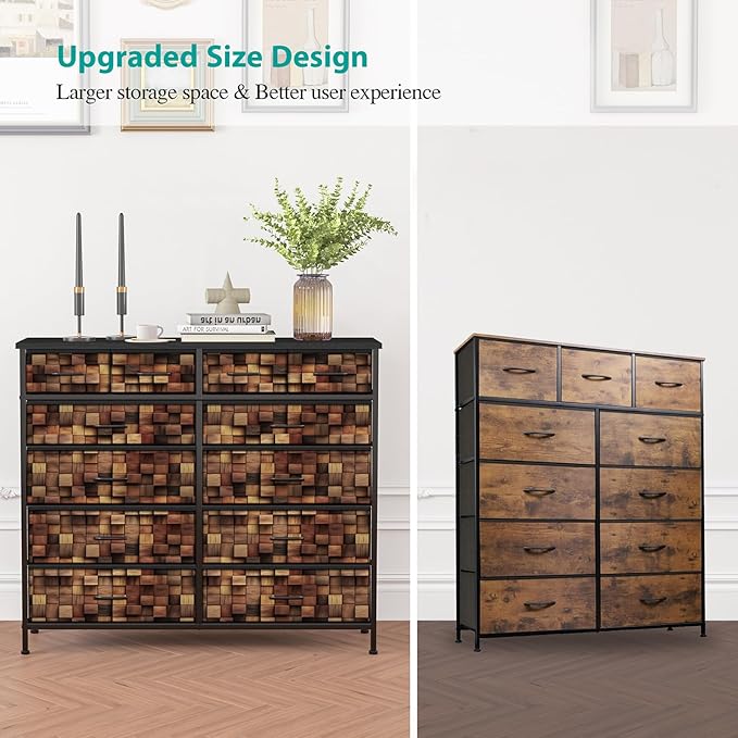 TV Stand Dresser for Bedroom, Tall Fabric Drawer Dresser, Chest of Drawers, Fabric Storage Organizer Cabinet for Closet, Nursery (Solid Brown)