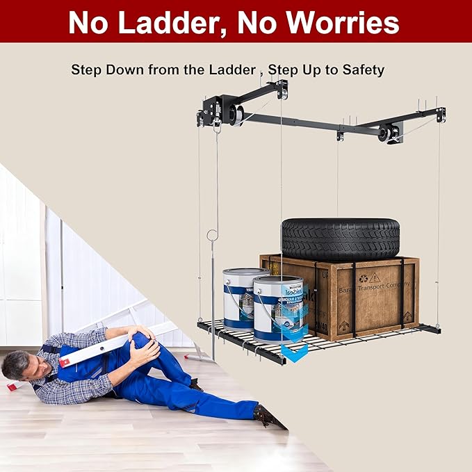 4x4FT Overhead Garage Storage Rack for High Ceilings 10-12 FT, Adjustable Garage Organization System, Heavy Duty Ceiling Storage Racks with Safety Lock,250LBS Capacity,Black