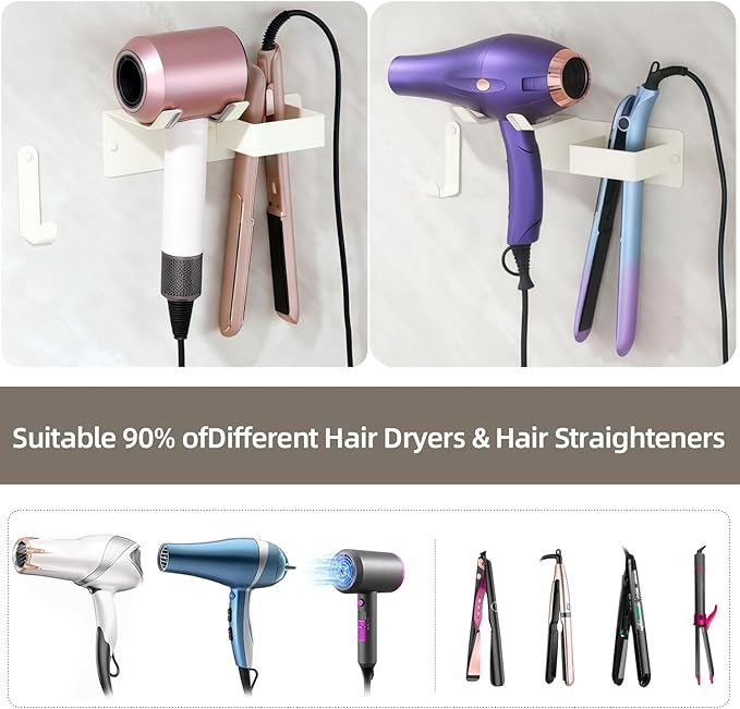 Hair Dryer and Straightener Holder, Upgraded Hair Straightener Holder with Cable Hook, Stainless Steel Universal Hairdryer Holder Wall Mounted Waterproof for Bathroom Space-Saving White PTALSEAW
