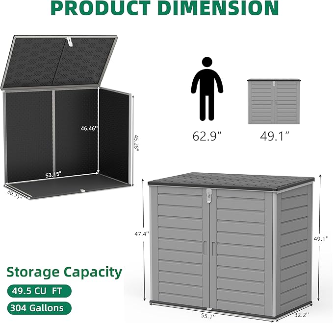Horizontal Outdoor Storage Shed, 304 Gallon Resin Storage Shed with Lockable Doors & Lift Lid, Waterproof Backyard Shed for Trash Cans, Tools & Patio Equipment (Upgraded Version)