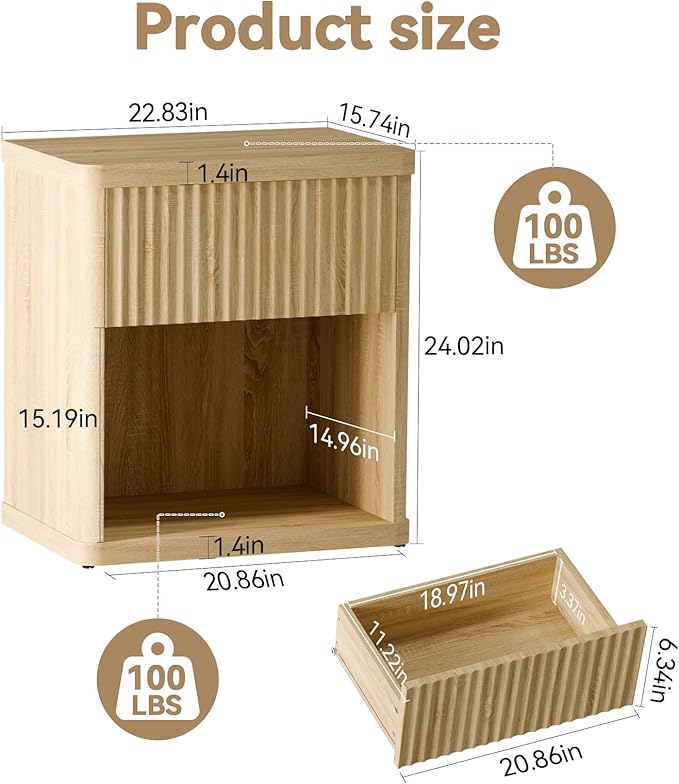 Fluted Nightstands Set of 2, Bedside Tables with Wave Pattern Drawer, Open Shelf & Rounded Corners, Modern Wood End Table for Small Space, Bedroom Decor
