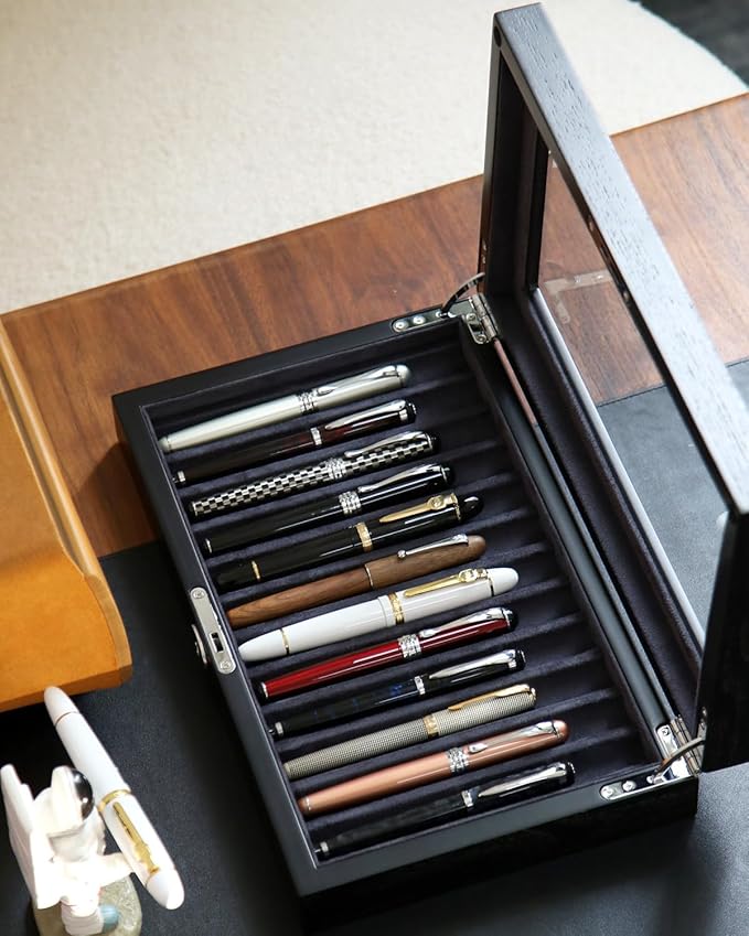 Wooden Pen Display Case – 12 Slot Lockable Fountain Pen Storage Box, Black Collectors Display with Glass Top, Gift for Men