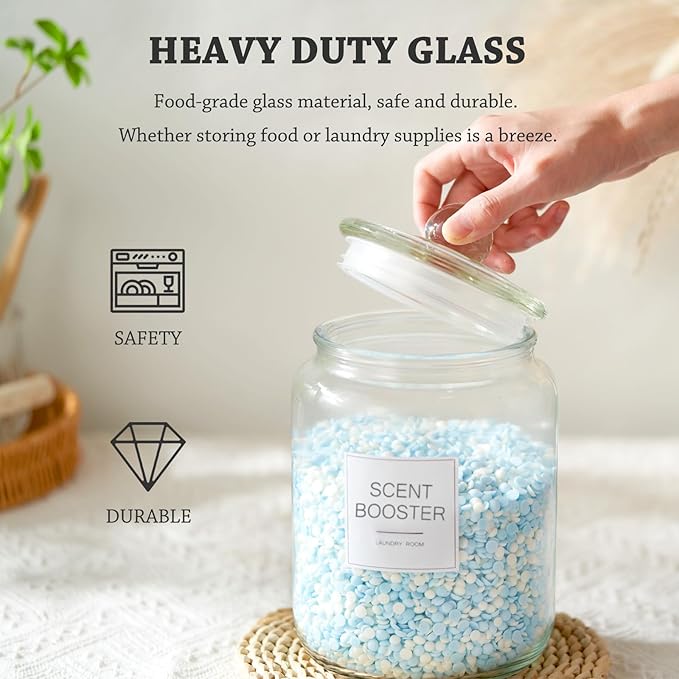 Laundry Glass Jars with Dryer Sheets Holder, Containers with Scoop and Labels for Laundry Room Organization and Storage Detergents Pods or Powder, Scent Booster Beads, Set of 3