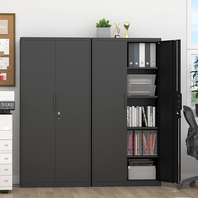 Metal Tall Storage Cabinet, Black Storage Cabinets with Doors and Shelves, 72" H File Cabinet with 4 Adjustable Shelves, Heavy Duty Locking Cabinets for Home, Office, School