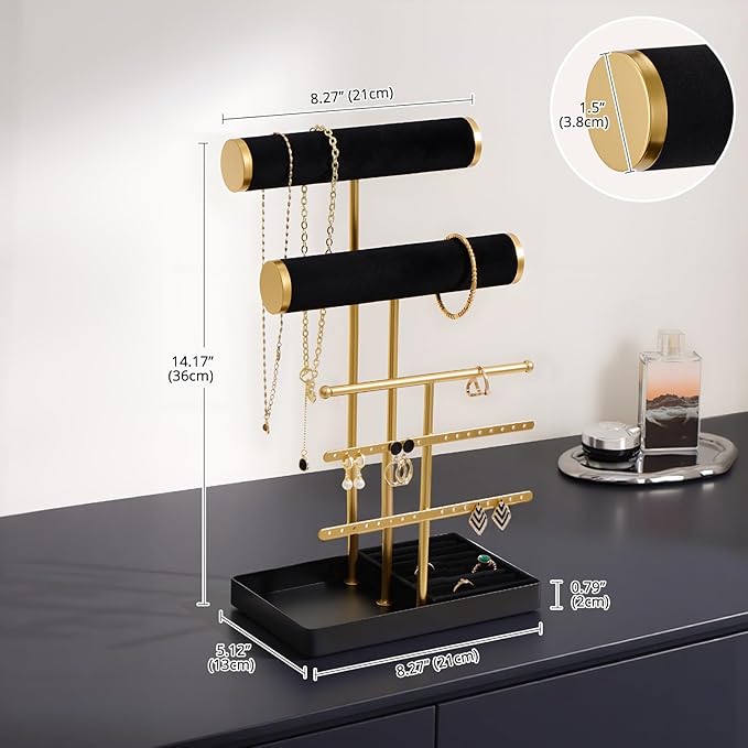 Lolalet Bracelet Display Stand Necklaces Holder, 5 Tiers Jewelry Organizer and Storage Rack with Velvet Slot and Metal Base, for Women Bangles Watches Ring Earrings -Black