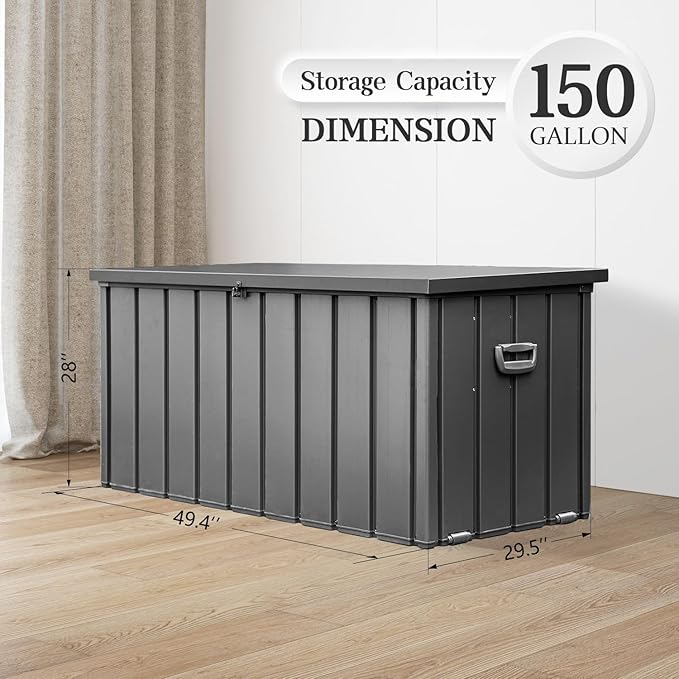 Domi 150 Gallon Deck Box, Metal Outdoor Storage Box with Lock Wheels Side Handles, Waterproof Outside Storage Box for Patio Cushions, Shoes & Pool Tools