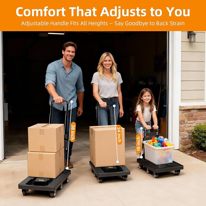 Dolly Cart with Wheels 440lbs, Folding Hand Truck with 6 TPE Wheels (2 with Brakes) & 21 in Extendable Full Platform, Foldable Cart with 2 Elastic Straps for Easy Moving, Travel, and Storage, Black