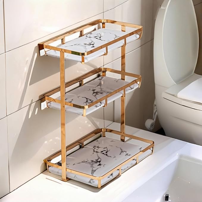 Bathroom Organizer Countertop Perfume Organizer Makeup Cosmetics Storage Display Rack 3 Tier Vanity Tray Dresser Stainless Steel Gold Shelf White Marble Ceramic Tray (Gold, L)