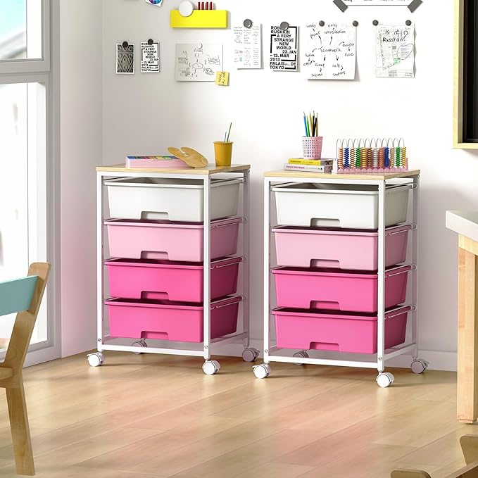 Utility-Rolling-Craft-Storage-Cart-Organizer with 4 Drawers and Wooden Tabletop, 4 Tier Drawer Cart for Home Office, Kid Room, Classroom Teacher, Dorm, Pink