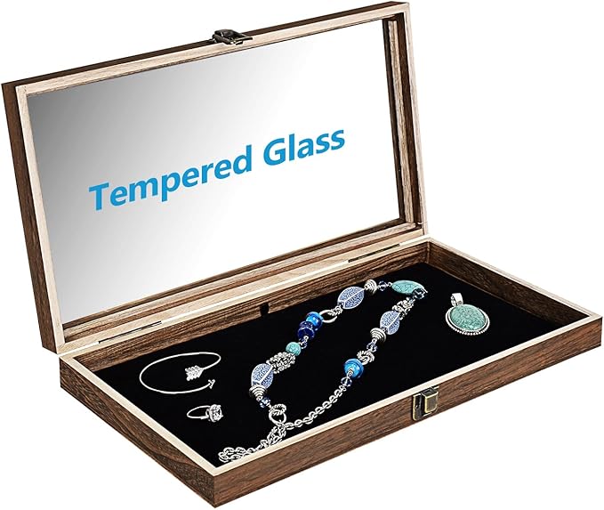 MOOCA 2 Pcs Wooden Jewelry Display Case Tempered Glass Top Lid, Gemstone Display Case, Pocket Knife Case with Metal Clasp & Removable Black Luxurious MDF Velvet Jewelry Pad, Brown Color