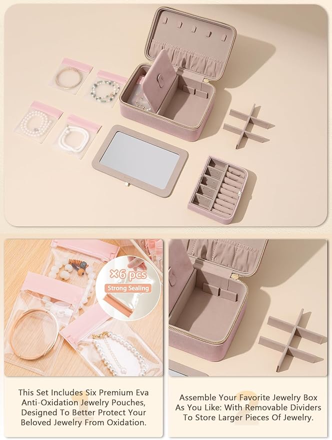 Velvet Travel Jewelry Box with Large Mirror, Double-Layer Jewelry Organizer Case for Women and Girls, Portable Storage Case with 6 Anti-Tarnish Bags Gift Ready for Her (Blush Pink)
