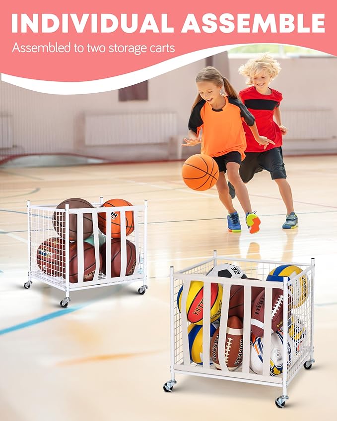 Mythinglogic Rolling Sports Ball Storage Cart, Sports Lockable Ball Storage Locker with Elastic Straps, Stackable Ball Cage for Garage Storage Garage Organizer