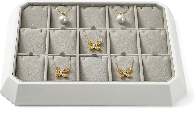 Premium PU Leather Stackable Jewelry Tray 15 Grid Jewelry Organizer Tray with Removable Inserts Cards Necklace Display Organizer Holder(Grey)