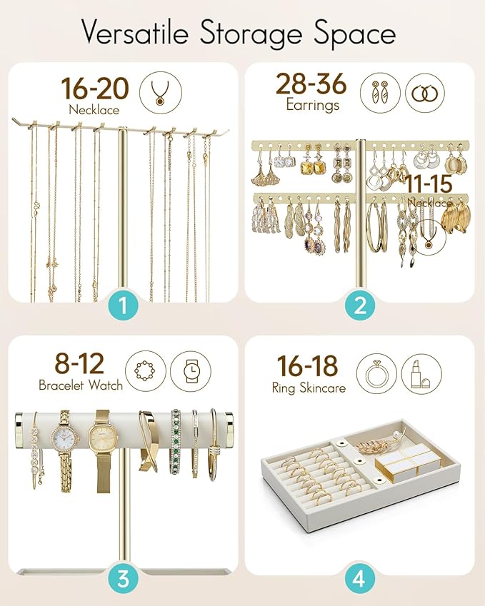 Vlando 3 Tier Jewelry Stand Organizer with Tary, Leather Jewelry Holder Display for Women, Gold Jewlery Holder Display for Necklace, Earring, Bracelet, Rings - Cloud White