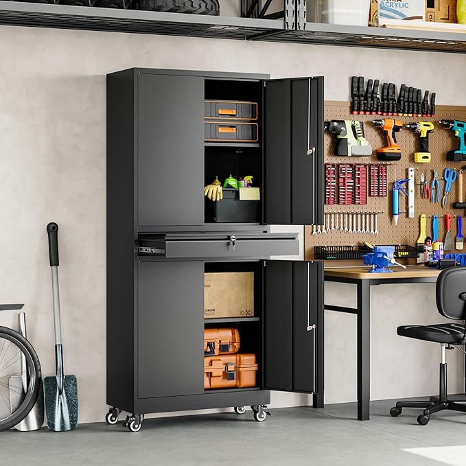 Yizosh Metal Garage Storage Cabinet with Locking Doors and Adjustable Shelves, 73" Rolling Tool Storage Cabinet with 4 Wheels and 1 Drawer for Garage,Warehouse (Black)