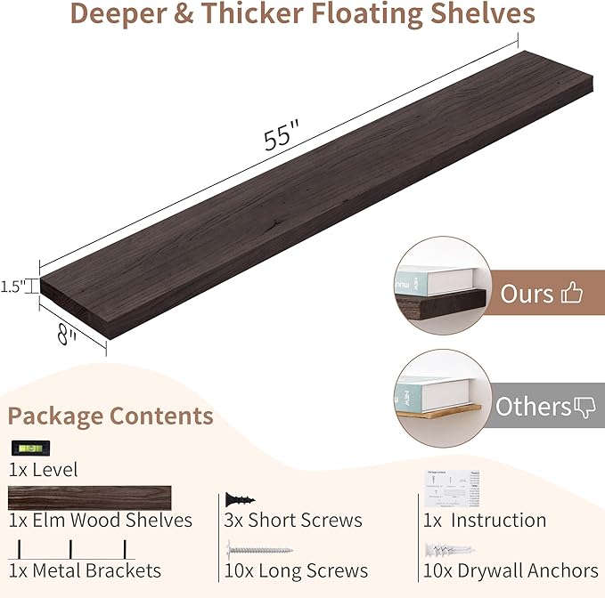 Axeman Floating Shelves for Wall, Rustic Elm Wood 56'' W x 8" D Wall Shelf with Invisible Bracket, Large Long Wall Mounted Storage Shelves for Living Room, Bedroom, Kitchen, Bathroom Decor, Walnut
