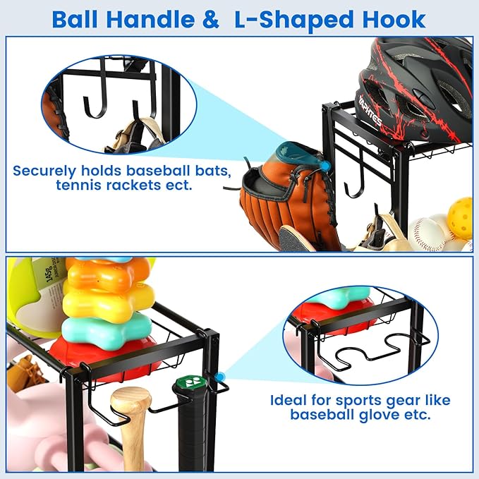 Kinghouse Sport Equipment Organizer for Garage, Steel Basketball Rack with Baseball Bat Holder and Hooks, Easy Assembly Storage for Balls, Kids' Toys, and Workout Gear in Basement, Home Gym, Outdoor