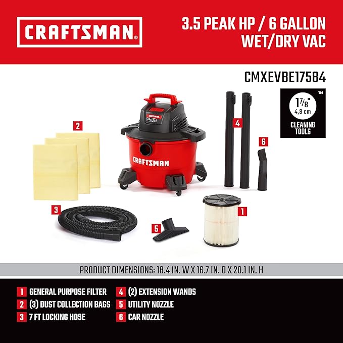 Craftsman CMXEVBE17584 6 Gallon 3.5 Peak HP Wet/Dry Vac, Portable Shop Vacuum with Attachments and Dust Collection Bags