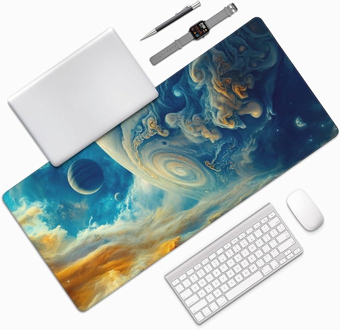 Spectacular Cosmic Planets Large Mouse Pad, Vintage Aesthetic Gaming Desk Mat, XXL Keyboard Desk Pad Mat for Desktop, 35.4"x15.7" Non-Slip Base Big Mousepad with Stitched Edges