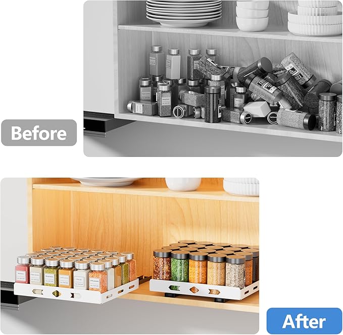 XLP Pull-Out Spice Rack Organizer – Heavy Duty Slide-Out Cabinet Storage | Fits Spices, Sauces, Cans, Dishes | Kitchen & Pantry Organizer, White (12.5''Wx10.5''Dx1.8''H)