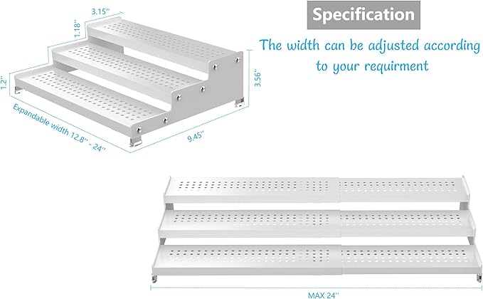 Spice Rack Organizer for Cabinet, 3 Tier Expandable shelf, Great for Kitchen Cabinets, Cupboard,Pantry and more,Metal plate with hole (1 Pack/White,9.45" D x 12.8"~24“L x 3.56" H)