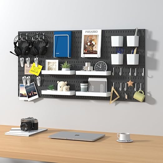 Pegboard Combination Kit, 8 Peg Boards and 30 Accessories Modular Hanging Black Pegboard for Wall, Office Organizer, Keys Holder, Nursery Storage, 44"x22"