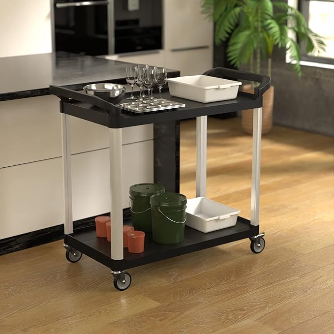 Black Utility/Bussing Cart with Two Shelves - 42" x 20"