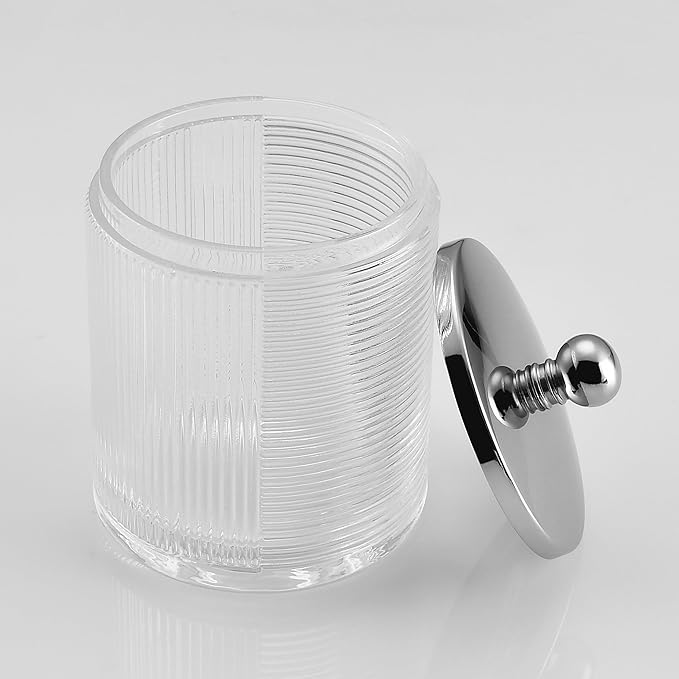 Clear Transparent Apothecary Ribbed Geometric Etched Glass Jar W/Silver/Chrome Metal Lid Cover for Bathroom Organization, Cotton Balls, Q Tips, and Small Accessories, Bathroom Storage