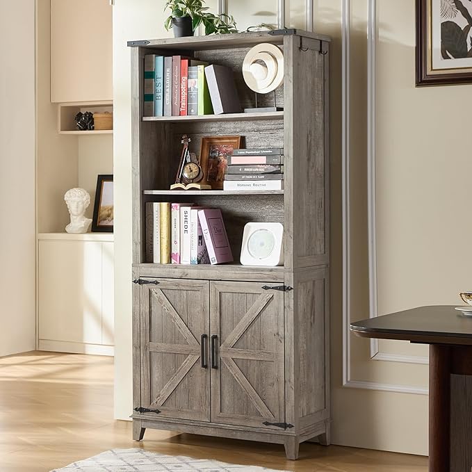 70in Tall Bookshelf 5 Tier Bookcase with Barn Doors and Adjustable Shelves, Grey Farmhouse Book Shelf with Storage Cabinet, Wood Freestanding Display Bookshelves for Bedroom, Kitchen (2 PCS)