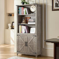 70in Tall Bookshelf 5 Tier Bookcase with Barn Doors and Adjustable Shelves, Grey Farmhouse Book Shelf with Storage Cabinet, Wood Freestanding Display Bookshelves for Bedroom, Living Room