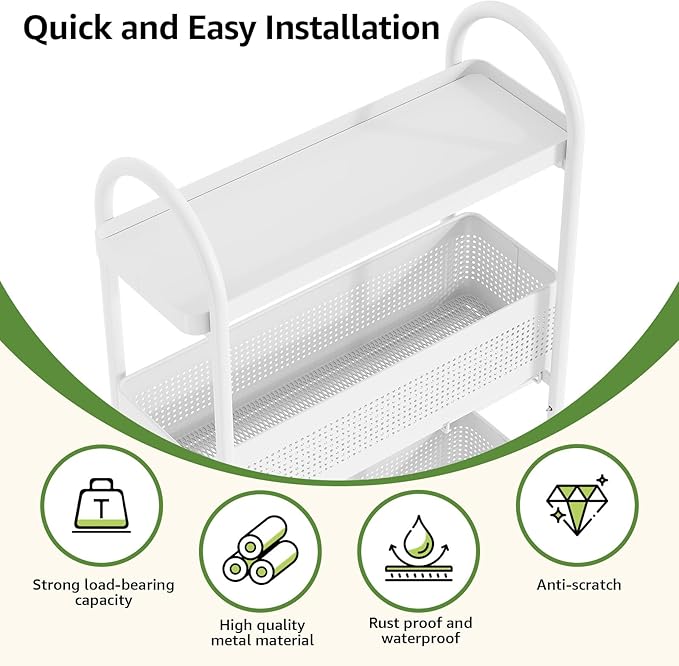 KINGRACK 4-Tier Slim Storage Cart with Pull Out Basket, Rolling Bathroom Organizer Utility, Metal Shelving Unit Slide Out, Lockable Wheels, Easy Assembly for Narrow Place, Kitchen, Laundry Room, White