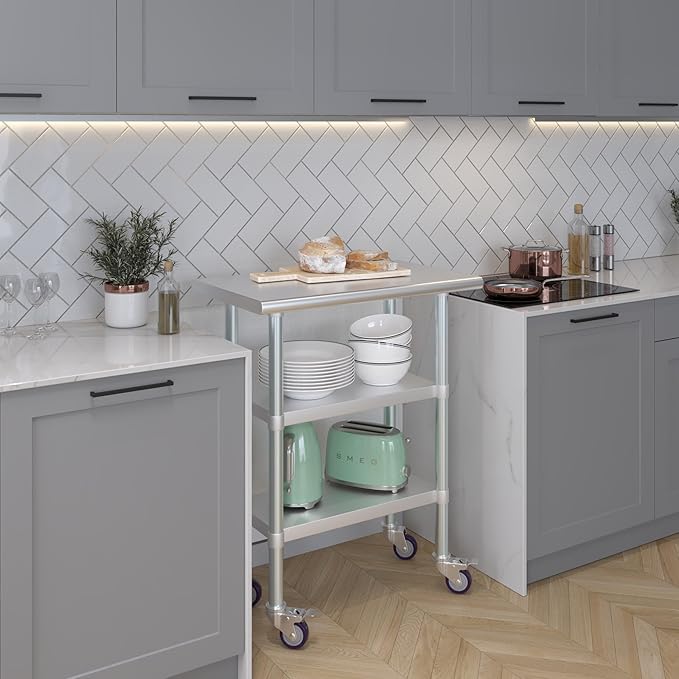 AmGood Stainless Steel Work Table with 2 Shelves and Casters | Metal Utility Table On Wheels (Stainless Steel Work Table with 2 Shelves + Casters, 30" Long x 18" Deep)