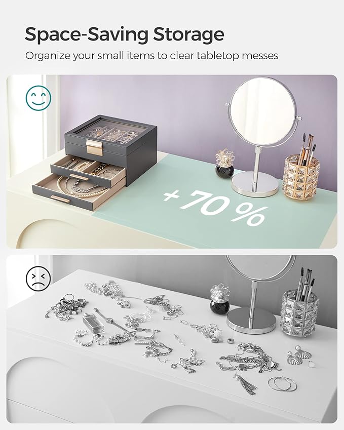 SONGMICS Jewelry Box Organizer with Glass Lid, 3-Layer Jewelry Storage, with 2 Drawers, Modern Style, Christmas Gift, 8 x 9.1 x 5.3 Inches, Interstellar Gray and Gold Color UJBC239G02