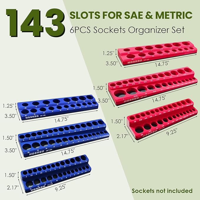 Magnetic Socket Organizer Set & Socket Clip Rail Holder, Totally 12Pcs Socket Tray Set for 1/4", 3/8", and 1/2" Sizes Drive, Premium Qualit Socket Organizer(Red & Blue, 12Pcs)