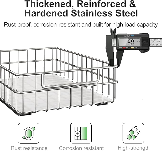 Pull out Cabinet Organizer, Stainless Steel 4-Pack Slide out Drawer with Silent Full-Extension Slides, Adhesive Roll out Can Spice Storage Basket Shelf Rack for Pantry, Kitchen, Bathroom, Home Closet