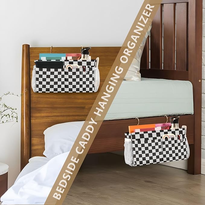 Checkered Black Bedside Caddy for Dorm Bed Bedside Hanging Caddy Bag Iron Frame Storage Organizer Pocket for Bunk Home College Hospital Beds 2 Hooks