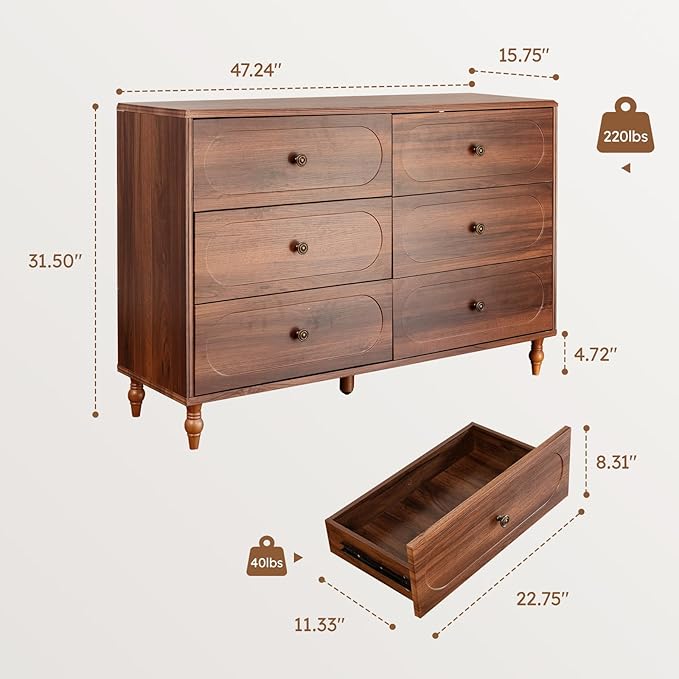 6 Drawer Dresser for Bedroom, 47" Wide Mid-Century Chest of Drawers with Solid Wood Legs, Dark Walnut Wood Dresser with 6 Storage Drawers for Bedroom, Living Room, TV Stand