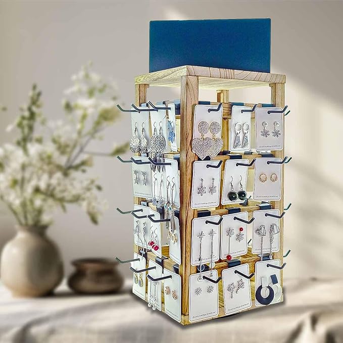 Wooden rotating Jewelry Display Stand with Removable 48 Hooks advertising board, For Earring Cards necklace bracelet Keychain Jewelry Organizer For Selling For vendor events (brown)