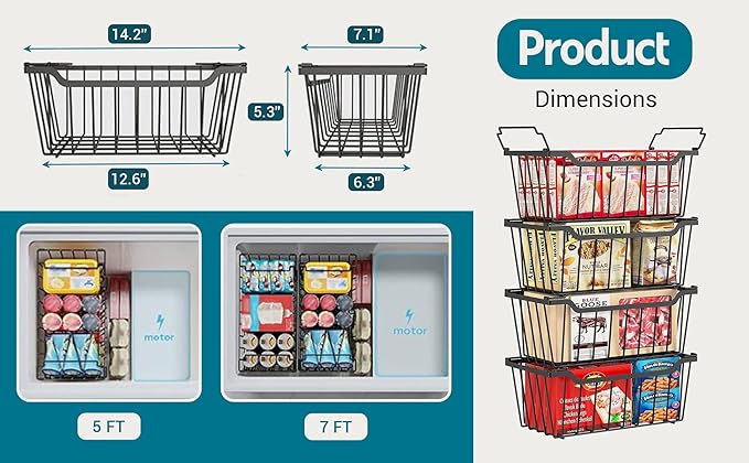 Freezer Organizer Bins with Foldable Handle, 4 Pack Stackable Freezer Baskets Deep Chest Freezer Organization, Black Metal Freezer Storage Bins Space Utilization Bins