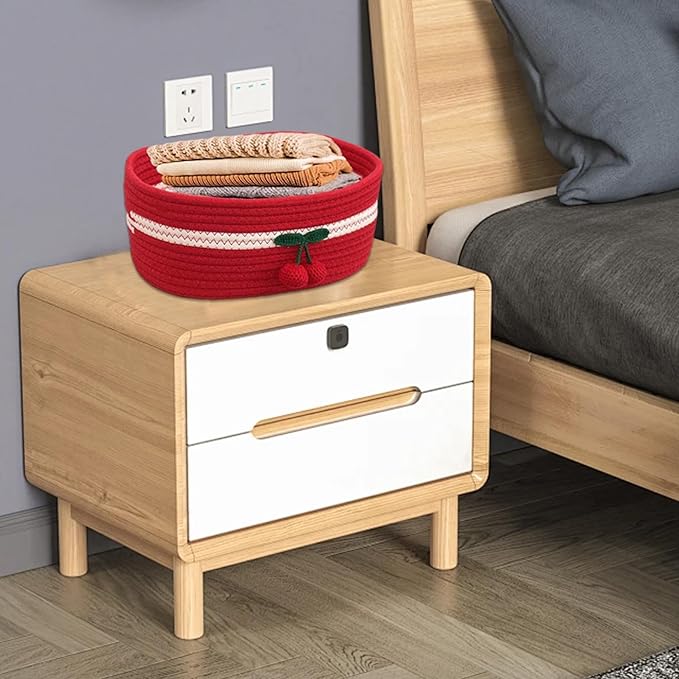 Organizer Baskets 12x8in Rectangle Cozy Woven Cherry Cute Basket Stackable Small Storage Bins for Kids Pets Toy Shelves