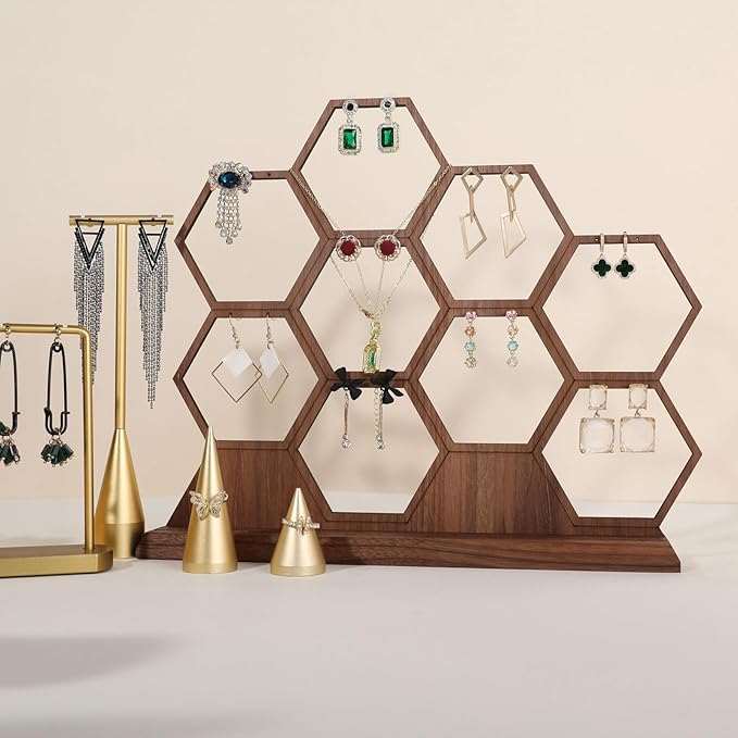 GemeShou hexagonal jewelry earring display stands for selling, wooden necklace jewelry organizer hanging, walnut earring hanger dangle holder for show, home decor【Jewelry shelf-Hexagon】